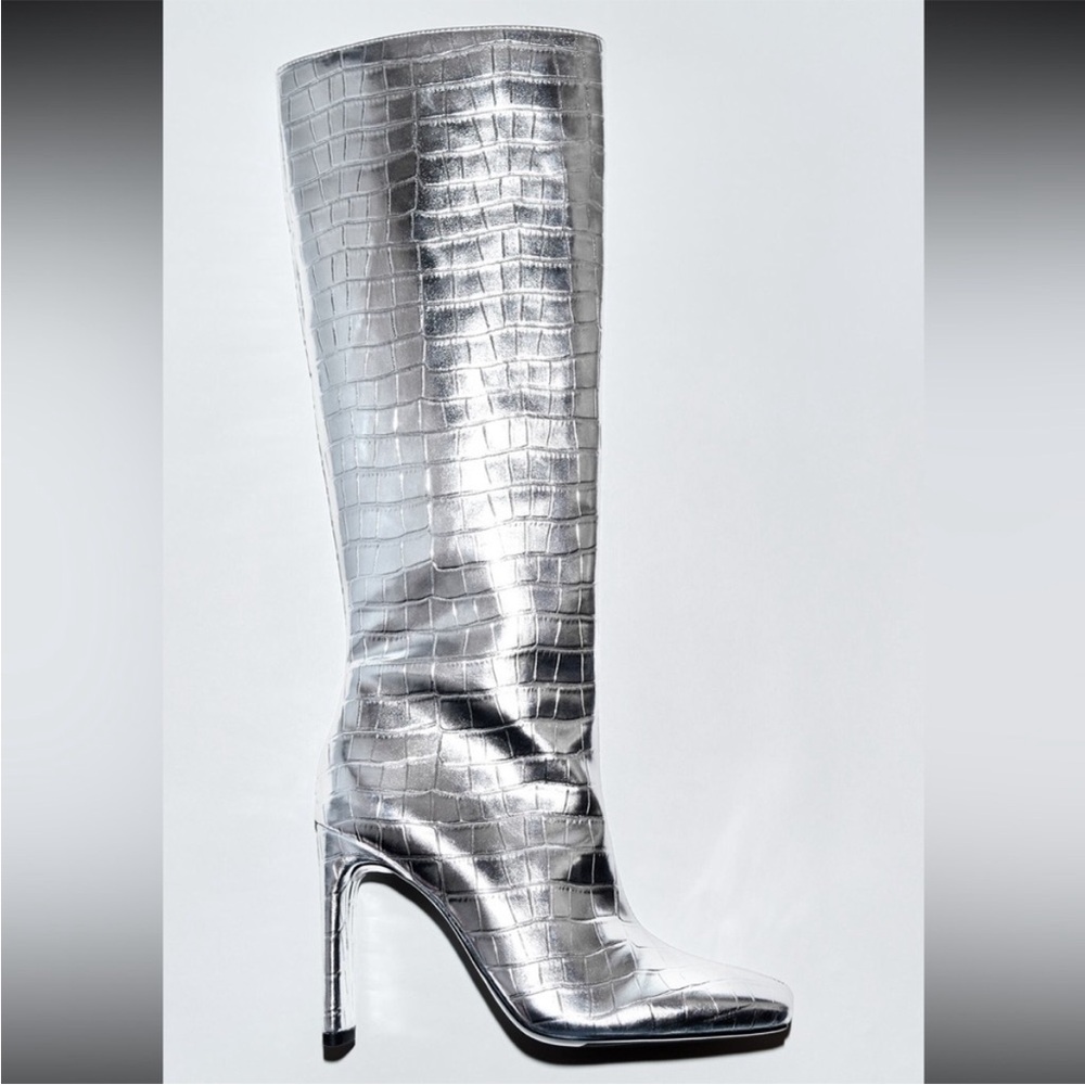 Zara •Womens Crocodile Metallic Silver Knee-High Women's Block Heel Boots 8 NWT - Picture 5 of 6